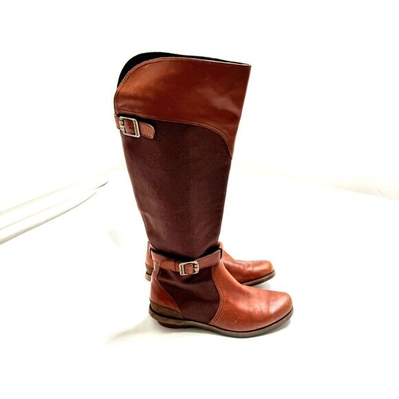 Patagonia ADDIE Rider Leather & Canvas Tall Boots Chimney Brown Size 7 Excellent - Picture 2 of 9
